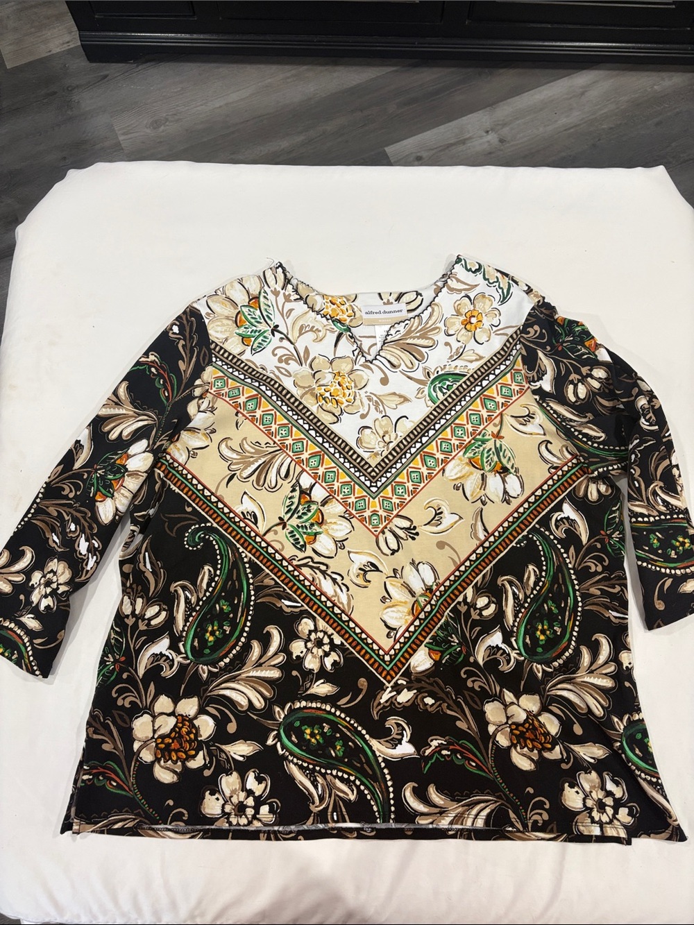 Alfred Dunner Black Tunic Dress with Cream & Green Paisley